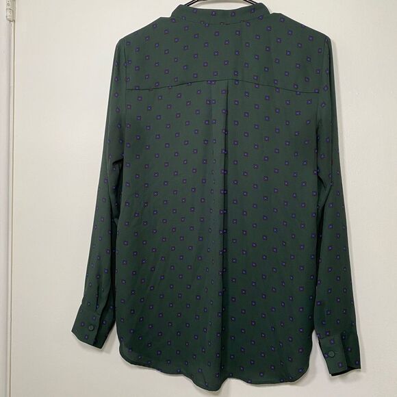 Ann Taylor Green w/red-blue details, Button Ruffle Shirt Top Long Sleeve, Sz S - Picture 3 of 6